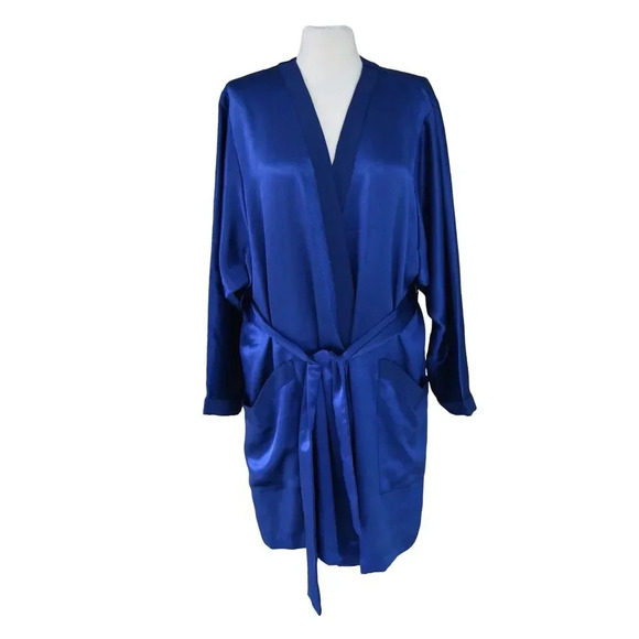 Vintage Natori Satin Navy Short Robe Medium Neiman Marcus Nightgown Belted - Picture 1 of 7